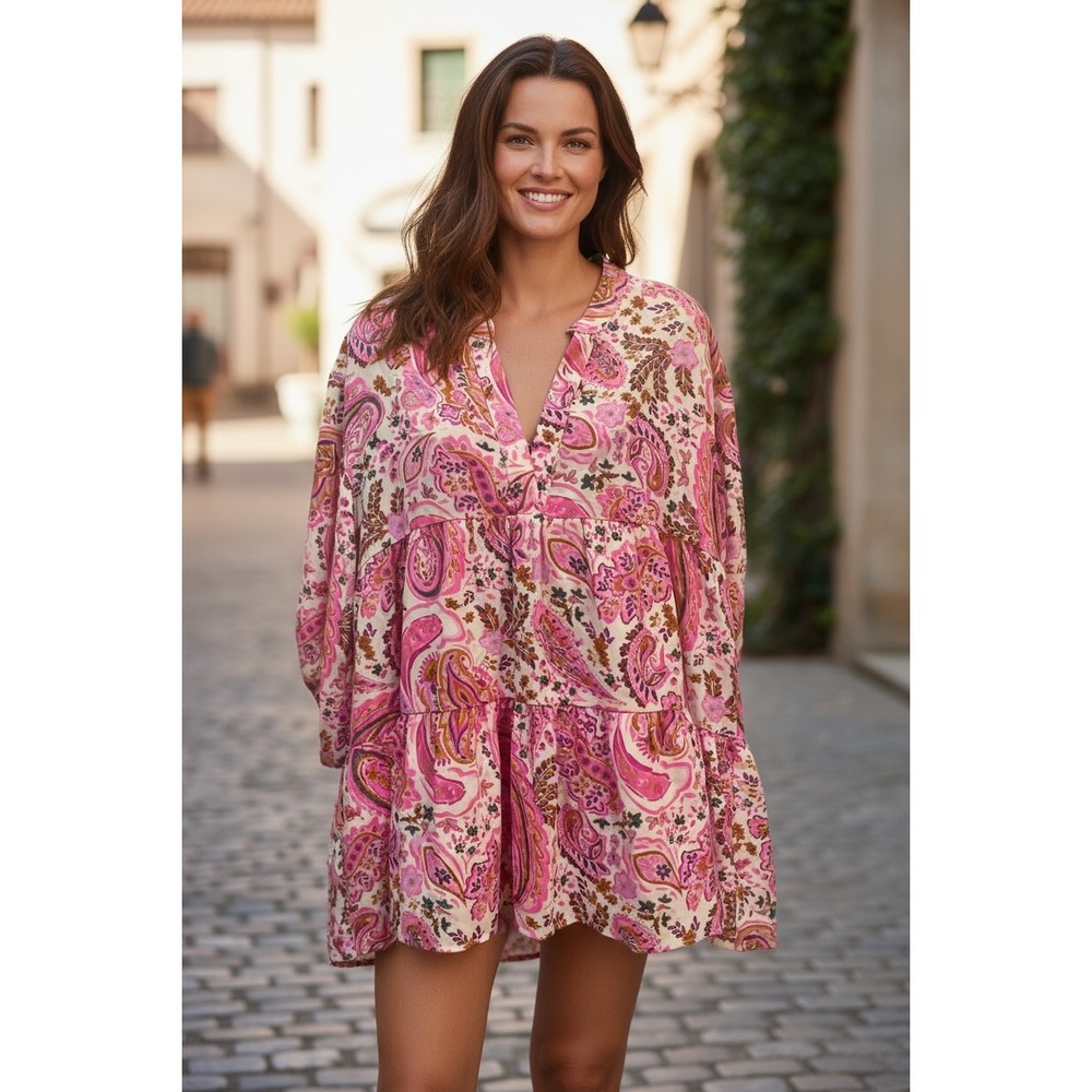 Umgee USA Pink Paisley Tiered Boho V Neck‎ Tunic Dress